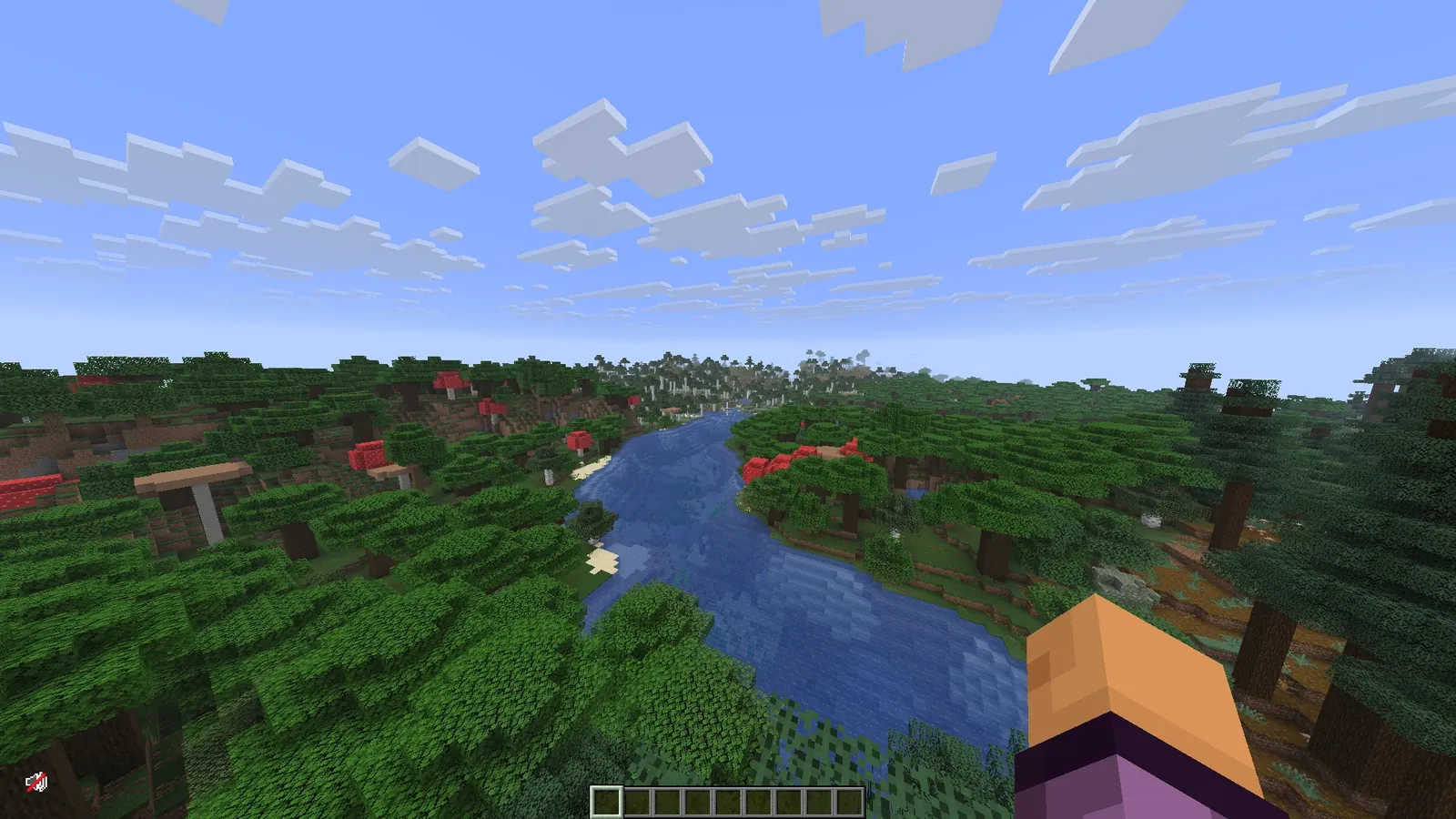 Обычный Minecraft: голубое небо, белые облака, синяя река между лесами